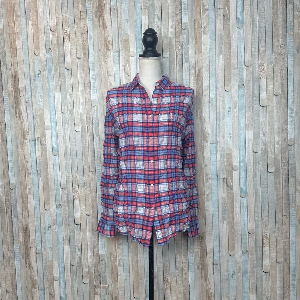 J McLaughlin XL Pink Blue Crinkled Plaid Button Down Lois Shirt Blouse Top‎ $178